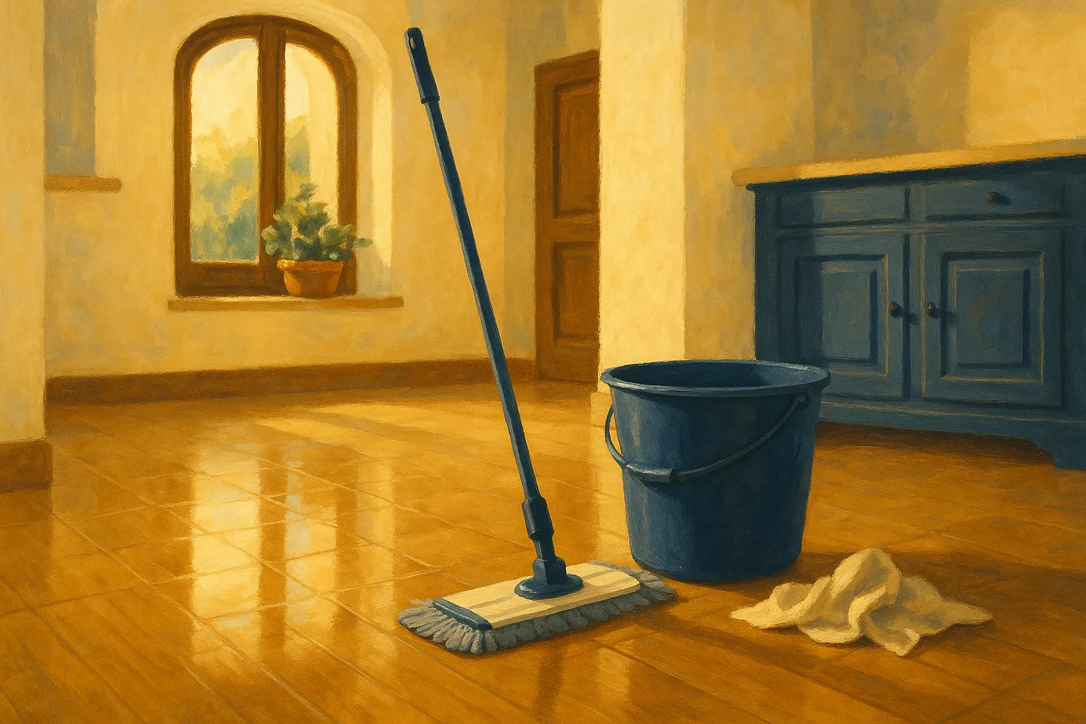 Panno in microfibra e secchio accanto a un pavimento in parquet lucido